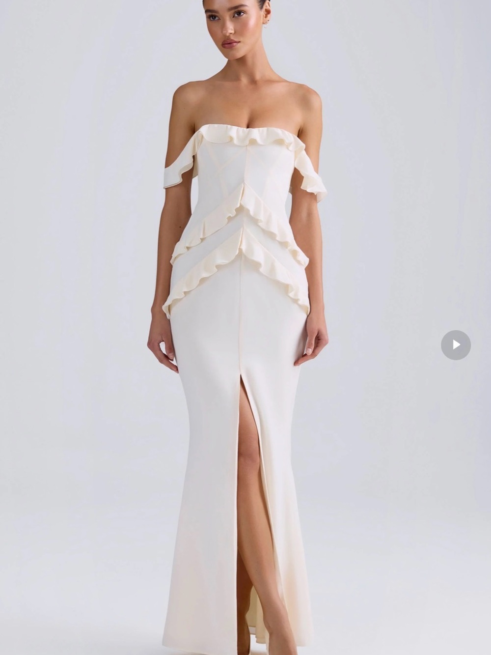 Oh Polly Cream Off-Shoulder Ruffle Gown